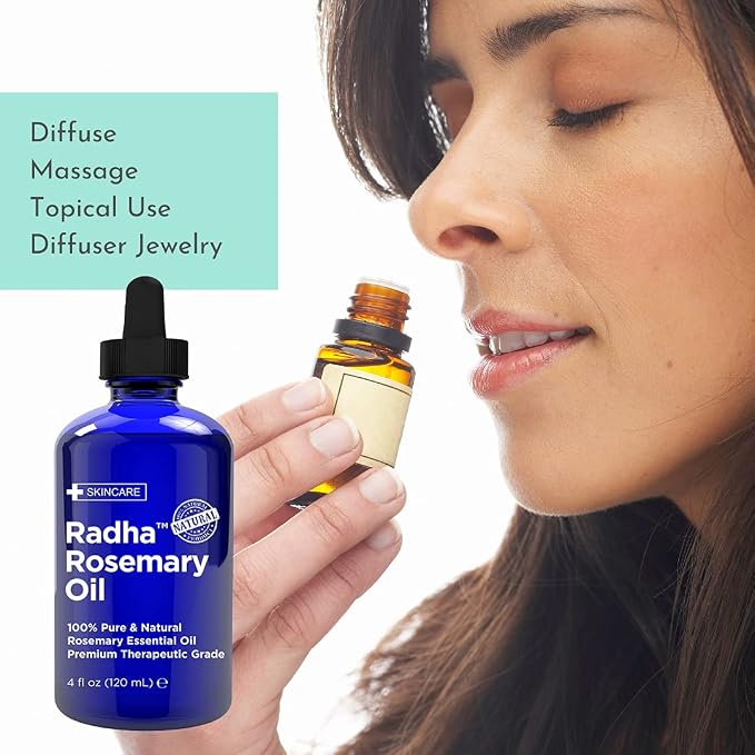 Radha Beauty - 4 oz. Rosemary Essential Oil - 100% Pure Therapeutic Grade, Steam Distilled for Aromatherapy, Relaxation, Scalp, Healthy Hair Growth, Dry Skin, DIY Essential Oil