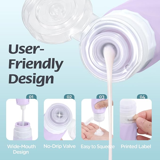 6Pcs Travel Bottles for Toiletries, TSA Approved Travel Size Toiletries Containers Set, BPA-FREE Silicone Leak Proof Refillable Bottles and Jars, Women & Men Airplane Cruise Essentials Kit (PURPLE)