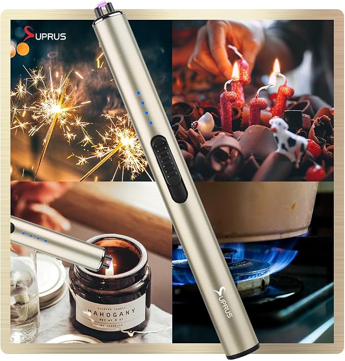 SUPRUS Electric Arc Windproof Flameless USB Rechargeable Lighter with Safety Lock for Candle (Champagne Gold, 3 Packs)
