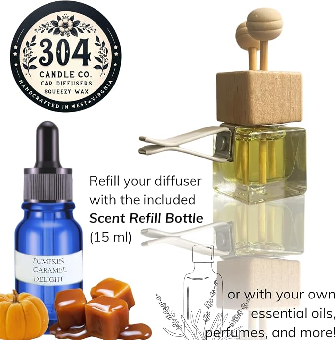Cute Refillable Car Air Freshener Vent Clip 8mL – Pumpkin Caramel Delight – 15mL Refill Included – Long Lasting Fragrance Oil Diffuser – 100% American Handmade Odor Eliminator