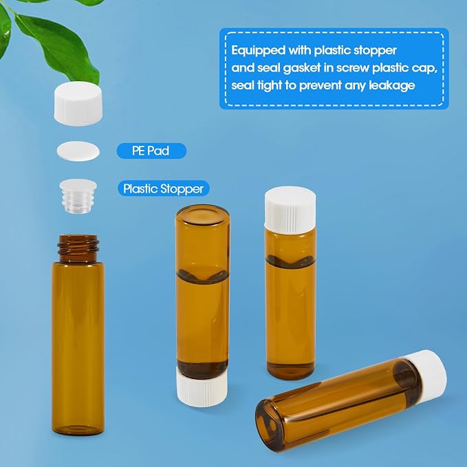 50PCS 20ml Amber Glass Vials with White Screw Caps and Plastic Stoppers, Leak-Proof Small Liquid Sample Bottles for Essential Oils, Perfumes, Reagents