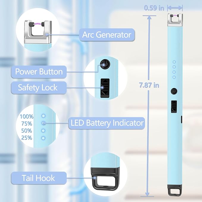 Candle Lighter, Flameless Windproof Electric Lighter with Safety Lock & LED Power Display, Arc Type C Rechargeable Lighters for Fireworks, BBQ, Camping, Gifts for Christmas, Thanksgiving, Halloween