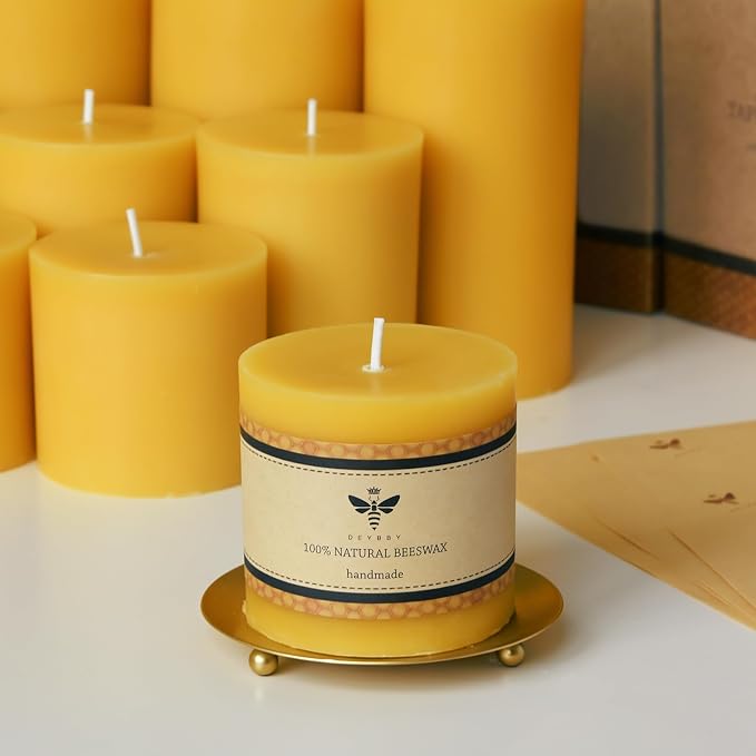 DEYBBY 3x3 inch Natural Beeswax Pillar Candle Set of 4 for Women Gift, Smokeless Dripless Pure Organic Beeswax Candles with Natural Scent for Blackout Home Decoration Bath Relaxation（Yellow）