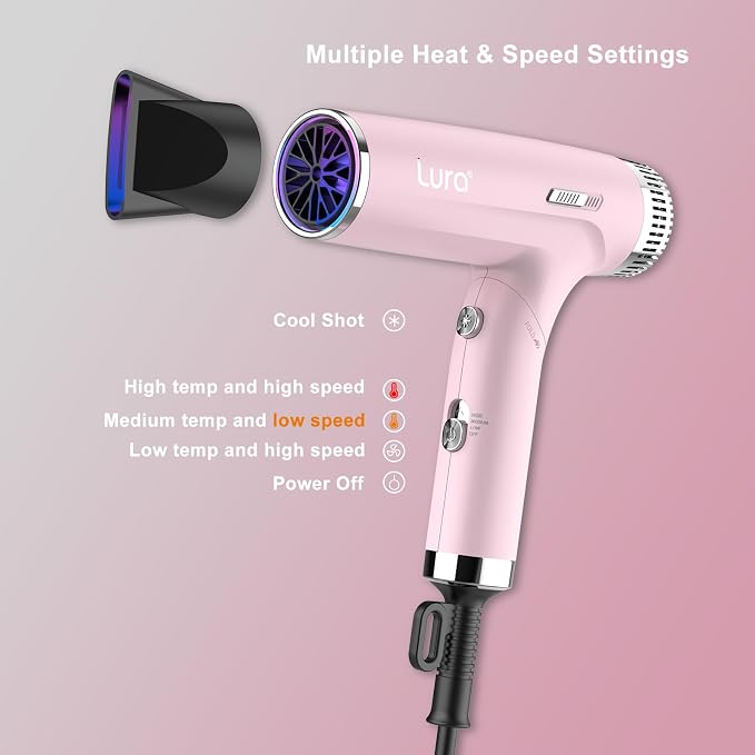 LURA Auto Dual Voltage Hair Dryer for International Travel,Travel HairDryers with Difffuser,Small Portable Blow Dryer for Women Lightweight,Compact Mini Blowdryers with Folding Hand for Kids(Pink)