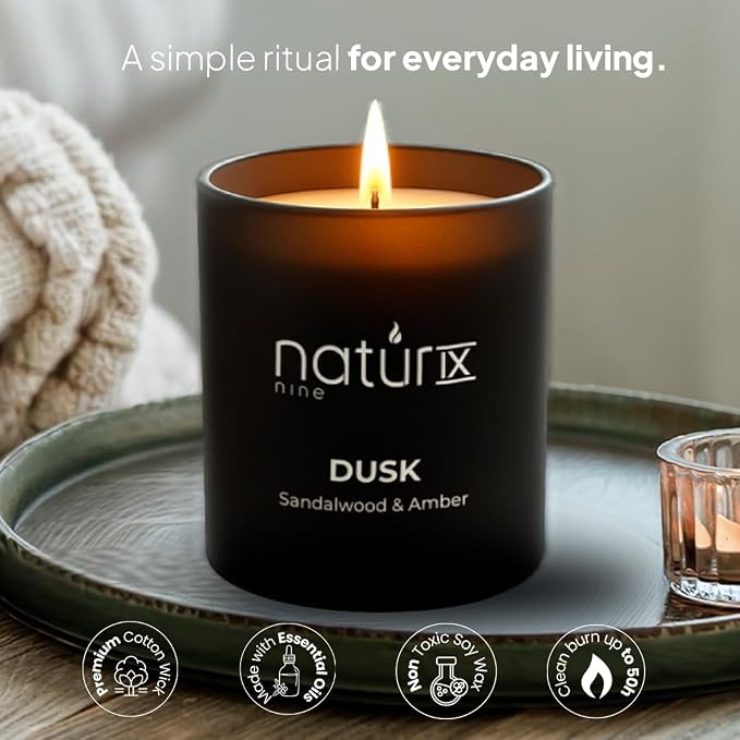 Natur IX Dusk Scented Candles for Home | Sandalwood & Amber | Natural Non Toxic Soy Candles with Essential Oils | 50 H Long Burning