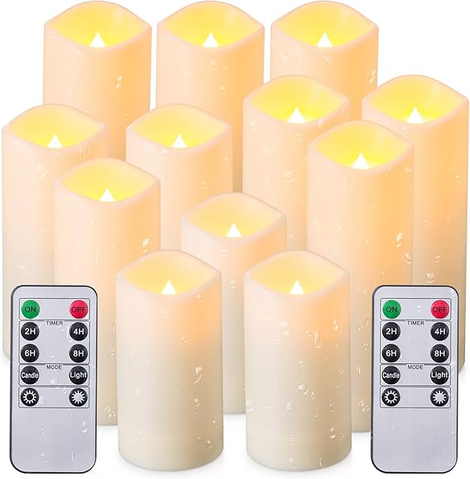 YOROXRG 12 Pack Flameless Candles Battery Operated Waterproof Led Candles (D:2.2" X H:4" 5" 6" 7") Candles with 2 Remotes Contro for Wedding, Party, Birthday