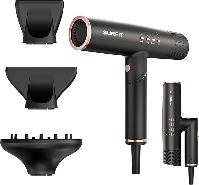 Hair Dryer with Diffuser, Surfit Blow Dryer, Foldable Travel Hairdryer, 110,000 RPM Professional Ionic Hair Dryer for All Hair Types, 1 Min Fast Drying, Precision Styling, No Heat Damage