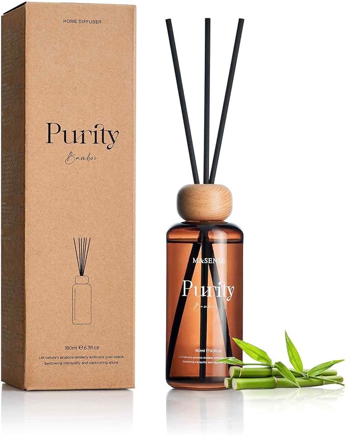 M&SENSE Reed Diffuser Set, Bamboo Scented 6.3 fl oz Natural Essential Oil Diffusers with Sticks, Non-Toxic Organic Air Freshener, Long-Lasting Fragrance Oils for Home Office Bathroom Bedroom