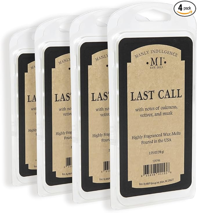 Manly Indulgence Last Call Scented Wax Melts, Wax Melt Warmer Cubes, Long Lasting Scented Wax Warmer Cubes, 4 Pack, 6 Cubes Each - Made in The USA