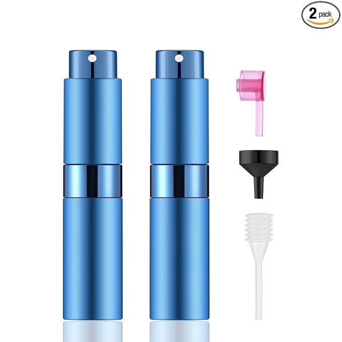 2 PCS/8ml Portable Mini Perfume Atomizer bottles, Empty Refillable Spray Bottle with 3 Types of Refill Tools, Pocket Travel Perfume Sample Bottles(Blue)