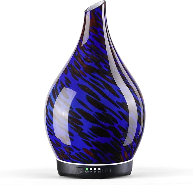 Porseme 280ml Essential Oil Diffuser Hand-Blown Glass Aroma Diffusor, Aromatherapy Unltrasonic Cool Mist deffuser, 7 Color Changing, Waterless Shut-Off, Timer Function for Home Office(Cobalt Blue)