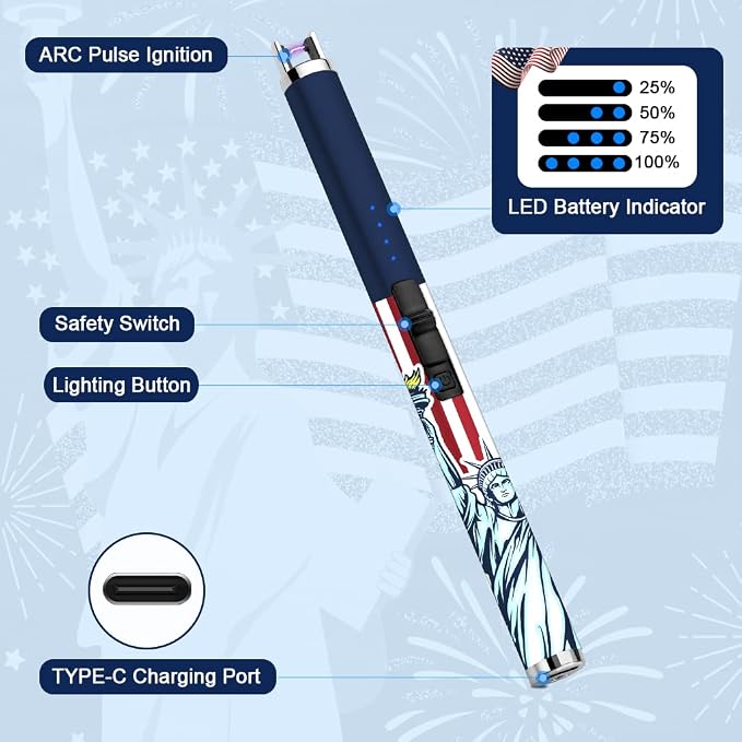 SUPRUS Electric Candle Lighter USB Type C Rechargeable Lighter with LED Battery Display and Safety Switch Windproof Best Souvenir for Independence Memorial and Veterans Day (Statue of Liberty)