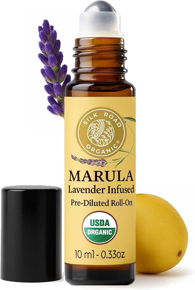 Silk Road Organic Marula Oil & Lavender Essential Oil Roll On, USDA Certified - Deep Hydration for Skin, Nails, Hair, Feet - 10 ml Aromatherapy Roller