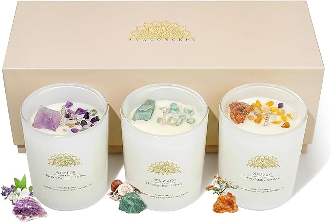 AvaConcept Healing Crystal Candle Gift Set – Set of 3 Amethyst, Amazonite & Sunstone Hand-Poured Soy Wax Lavender Jasmine, Coastal Breeze & Jungle Attachment Aromatherapy 3.5oz Each | Premium Gift Box