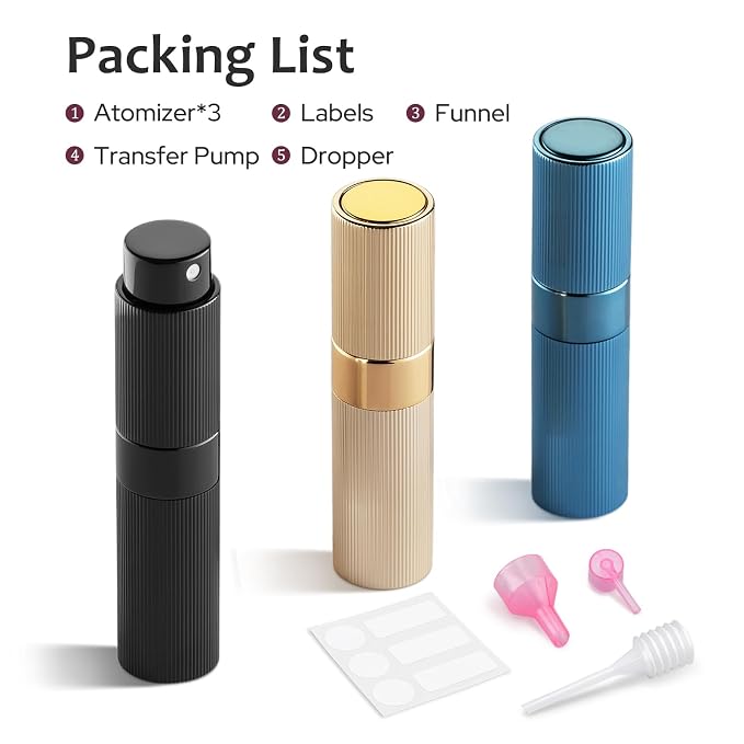LISAPACK Perfume Travel Refillable Bottle - Atomizer Cologne Spray for Men Portable - Mini Sprayer Empty for Refill - Small Size 8ML Striped (Silver, Gold, Blue)