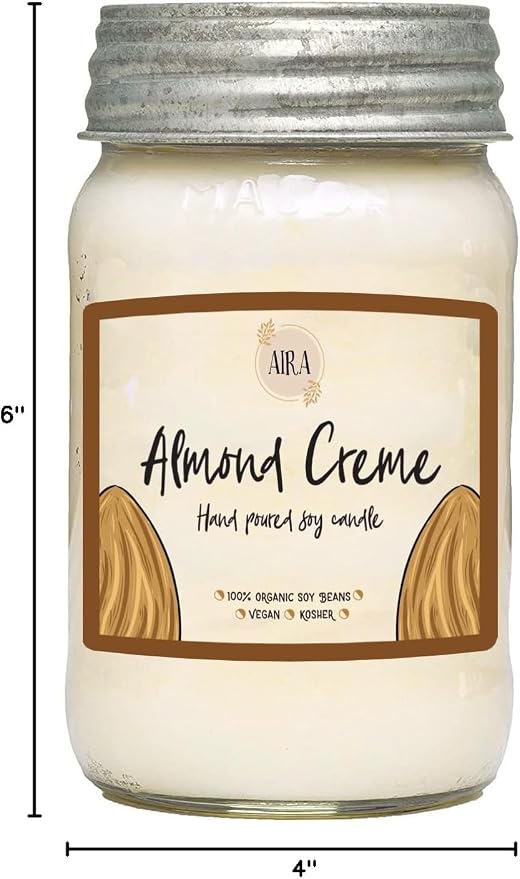 Aira Soy Candles - Organic, Kosher, Vegan, in Mason Jar w/Therapeutic Grade Essential Oil Blends - Hand-Poured 100% Soy Candle Wax - Paraffin Free, Burns 110+ Hours - Almond Creme -16 Ounces