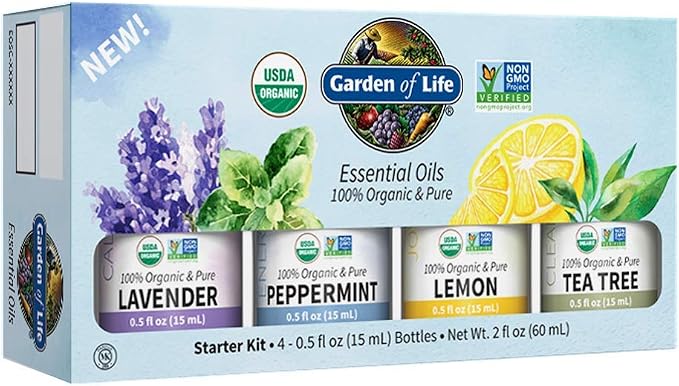 Garden of Life Essential Oils Starter Pack (Lavender, Peppermint, Lemon, Tea Tree) 2 fl oz Liquid (60 mL) - Set of 4-0.5 fl oz Bottles, 100% USDA Organic & Pure, Non-GMO, for Diffuser, Aromatherapy