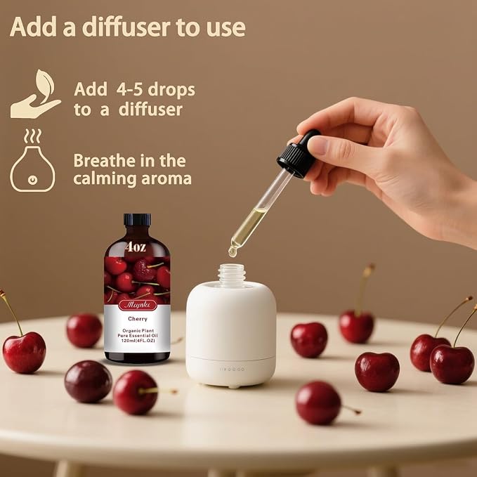 Cherry Essential Oil, Cherry Oil for Diffuser, Humidifier, DIY Candle, Soap, Sweet Scent, Home, Office, Gift Ready,Cherry Fragrance Oil - MLYNKL Essential Oils (4.33 fl oz / 130ml)