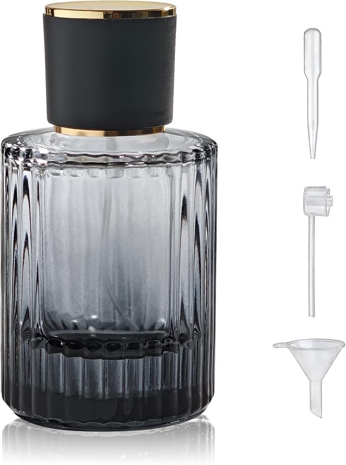 50ml/1.7 Oz Glass Spray Bottle Perfume Atomizer,Round Glass Perfume Travel Refillable Spray Bottle Empty with 3 Kinds of Dispenser (Black)