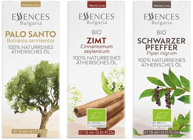 Set Inner Balance Organic Essential Oils |1.18 Fl Oz | Cinnamon (15ml) + Black Pepper (15ml)+ Palo Santo (5ml) | 100% Pure and Natural | Undiluted | Therapeutic Grade | Non-GMO | 3 pcs