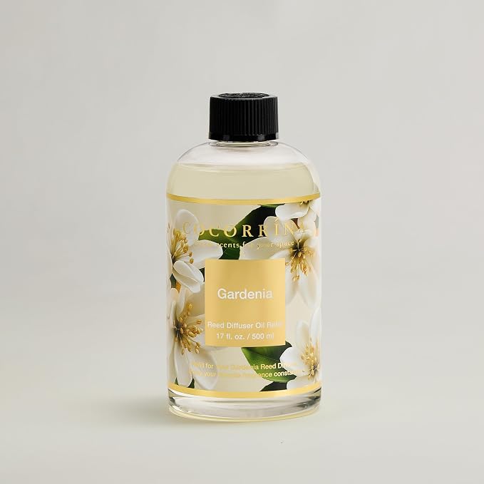 Cocorrína Reed Diffuser Refill Gardenia 17oz (500ml) with 8 Sticks - Premium Long-Lasting Scented Oil, Home Fragrance for Bedroom, Bathroom Home Decor