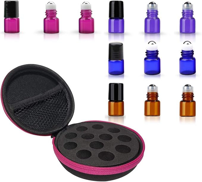 Round Hard Shell Case for 1/4 5/8 DRAM Micro Mini Roll-on Glass Bottles with Metal Roller Balls - Refillable Aromatherapy Essential Oil Roll On (HOLDS 12 VIALS) (1ML Mix bottle)