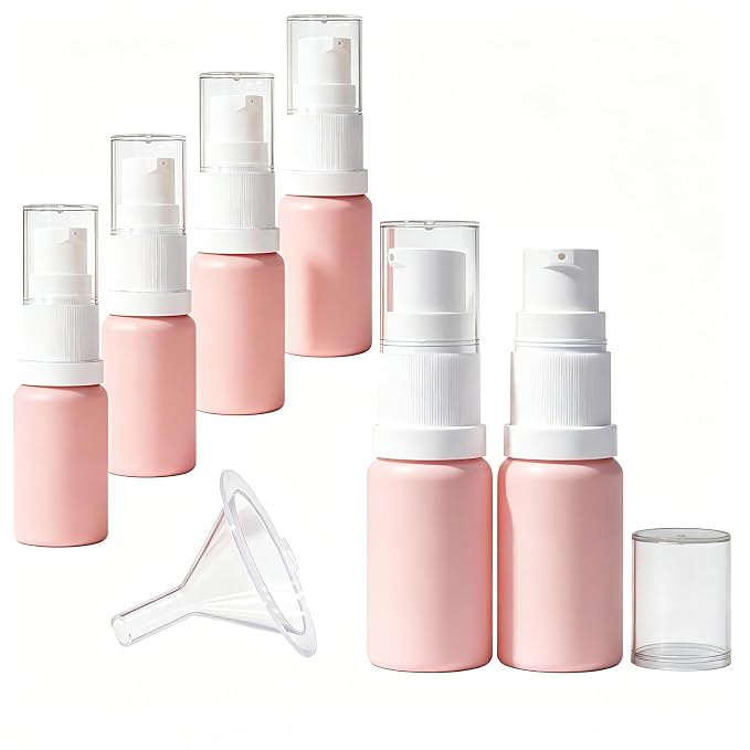 10ml Empty Glass Pump Bottle Dispenser 6 Pack,Pink Travel Refillable Bottles Dispenser for Lotion Cream Essential Oil Shampoo, Small Cosmetic Containers 1/3oz (10ml Pink 6pcs)