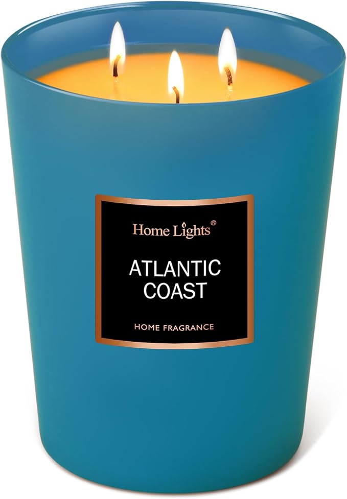 HomeLights Scented Candle | Large Jar Candle - 33.3 Oz. Natural Soy Aromatherapy Candles | Up to 130 Hours Burn Time with 3 Cotton Wicks,Home Decorative Fragrance Candles Gift - Atlantic Coast
