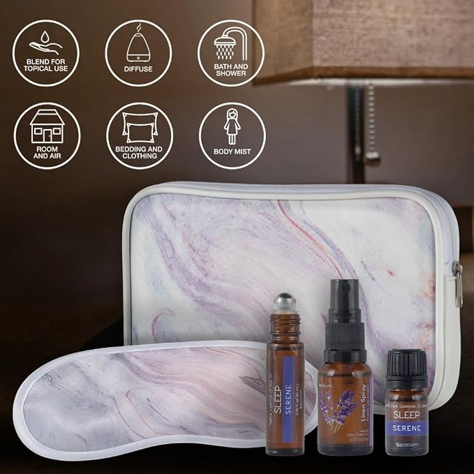 SpaRoom Serene Essential Oil Travel Kit with Eye Mask and Bag; Linen Spray, Essential Oil and Topical Roll-on, Pink Marble