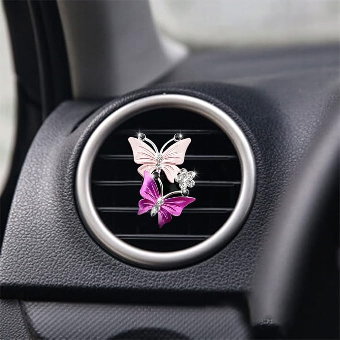 1PC Car Air Fresheners Vent Clips, Cute Dual Butterfly Diamond Rhinestone Car Vent Clip, Air Outlet Perfume Diffuser, Sparkly Bling Car Interior Decoration Accessories for Girls Women (Pink)