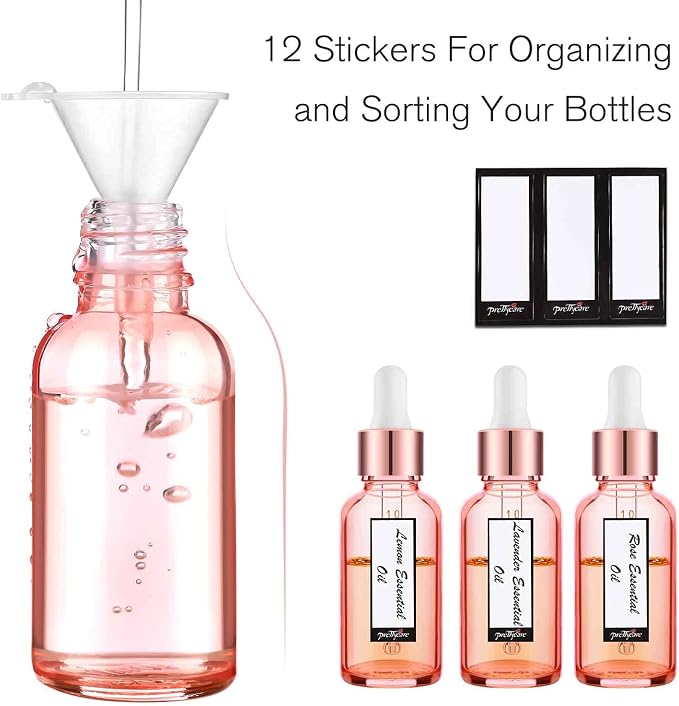 PrettyCare Glass Eye Dropper Bottles 2oz (60ml), 12 Pcs Empty Thick Pink Rose Glass Bottles Bulk with Leakproof Cap - With Labels & Funnel for for Storage, Travel,Essential Oils, DIY Serums, Tincture