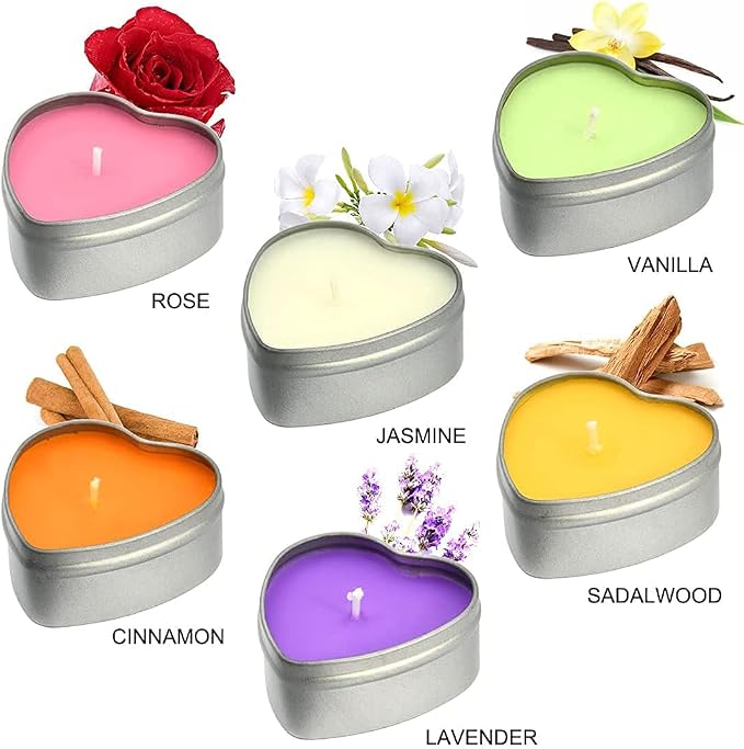 DEYBBY Jasmine Scented Soywax Tealight Candles, White Heart Shaped Aromatherapy Candles Gifts Tins for Women, Mother, Wife, Lover (Pack of 6)