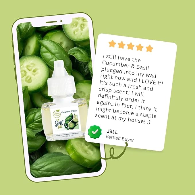 Scent Fill 100% Natural Cucumber Basil Plug in Air Freshener, Scented Oil Refills, 3 Refills