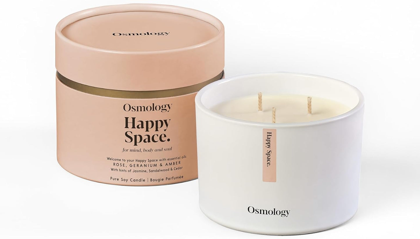 Happy Space Aromatherapy Candle – Rose, Geranium & Jasmine Scented Candle, Plant-Based Wax, 15.8 oz, 60 Hour Burn Time, Uplifting & Relaxation Candle