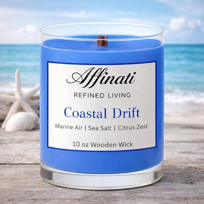 Affinati Coastal Drift Scented Candle, 10 oz Wooden Wick Tumbler Jar – Fresh Ocean Breeze Aromatherapy, Clean Soy Wax Blend Gift