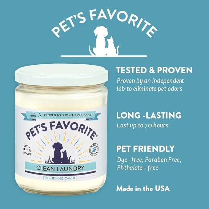 Pet's Favorite Plant Based Odor Candle for Home, Fresh Laundry Scent, Clean Burning Pet Friendly Air Freshener with a Natural Fiber Wick and 70 Hour Burn Time