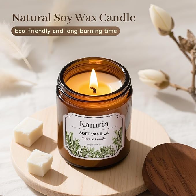 Soft Vanilla Scented Candle, Warm & Cozy Aromatherapy in Amber Glass Jar, Natural Soy Wax for Home Decor, Sweet Relaxing Gift for Women, 7oz