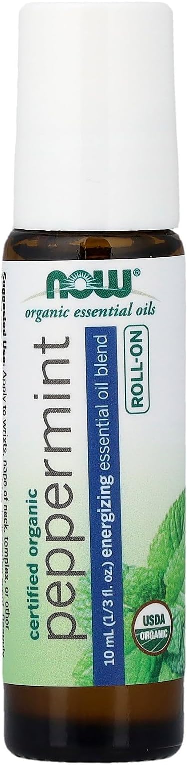 NOW Foods Essential Oils, Peppermint Roll-On, Certified Organic, Energizing Blend, Steam Distilled, Topical Aromatherapy, 10-mL