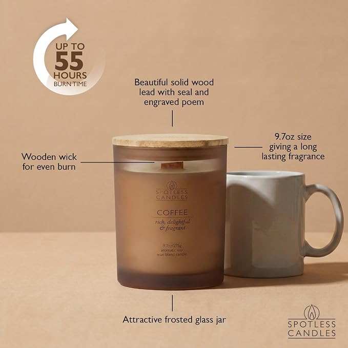 Coffee Candle; 9.7oz, 55 Hrs Burn Time, Soy Wax Brown Frosted Jar with Crackling Wooden Wick & Luxury Gift Box with Gold Foil Strip: Coffee Scented Candle by Spotless Candles