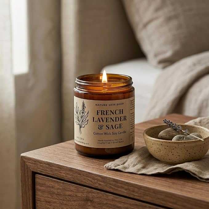 Nature Skin Shop French Lavender and Sage Artisan Soy Candle Calming Aromatherapy Home Fragrance Vegan Cotton Wick 8 oz