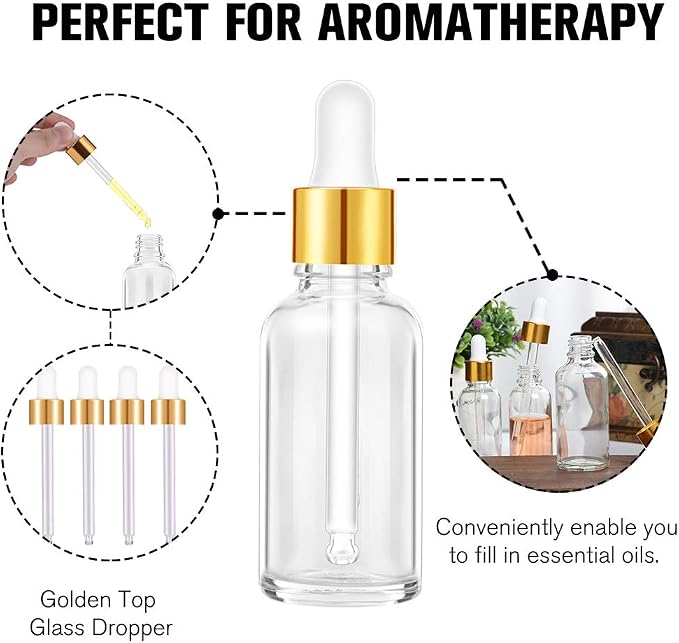 PrettyCare Glass Dropper Bottles 99 Pack, 1oz (30ml) Clear Empty Thick Bottles Bulk with Leakproof Golden Caps - With Labels & Funnels for for Storage, Travel,Essential Oils, DIY Serums