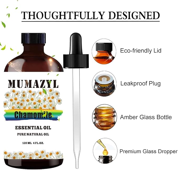 Chamomile Essential Oil, Chamomile Oil 4 Fl Oz 120ML for Diffuser Humidifier Yoga Cleaning DIY Candle Soap Making MUMAZYL Essential Oils