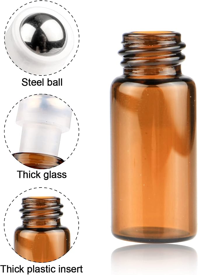 25 Pcs Essential Oil Glass Roller Bottles Mini Tiny Refillable Empty Aromatherapy Perfume Liquid Amber Glass Roll On Bottles Vials Metal Rollerball Bottles Jar (2ml)