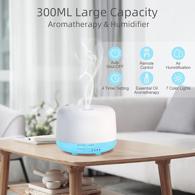 Marchred 300ML Essential Oil Diffuser with Remote Control, 7 LED Color Changing Light, 8 Hour Cool Mist Fragrance Air Humidifier