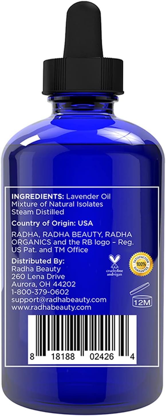 Radha Beauty Lavender Essential Oil 4 oz. - 100% Natural & Therapeutic Grade, Steam Distilled for Aromatherapy, Relaxation, Sleep, Laundry, Stress & Anxiety Relief, Meditation, Massage, Headaches