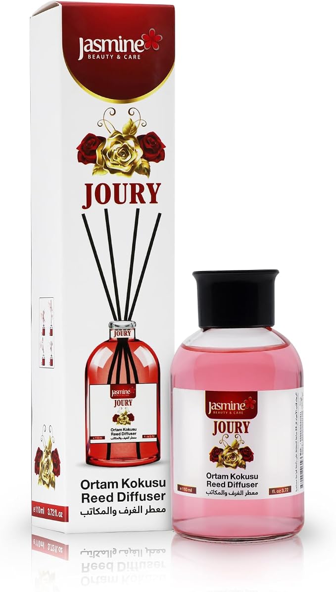 Jasmine Turkish Reed Diffuser (Joury) Set 3.72 Fl. Oz (110ml), with 4 Reed Sticks. For Your Office, Bedroom, Bathroom, Kitchen. Elegant Fragrance for Your Entire Home. A Nice Gift for Your Loved Ones.