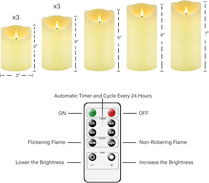 Nimiko Flameless Candles with Remote, Battery Operated Flickering Flameless Candles, LED Candles with Timer 2/4/6/8H, with Realistic LED Candles Set of 9 (D3 x H 3" 4" 5" 6" 7") (Ivory)