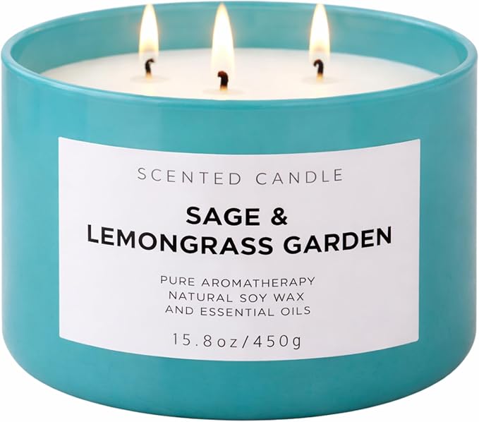Sage Lemongrass Garden Scented Candle | 3 Wick Large Soy Candles for Home 15.8oz | Fresh Clean Herbal Citrus Candle | Long Lasting Clean Burn | Aromatherapy Stress Relief Gift for Women & Men