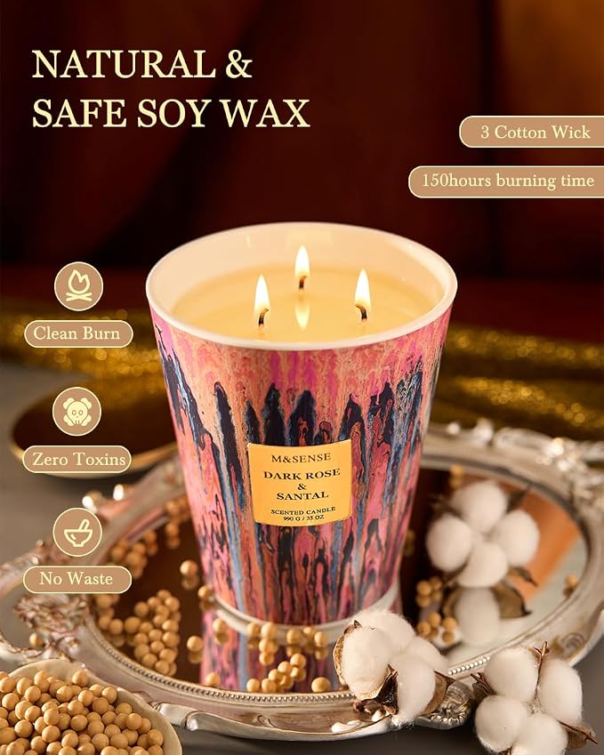 M&SENSE 3-Wick Dark Rose Large Soy Scented Candle, 35oz | 150H Burn Time, Non-Toxic, Luxury Summer Floral Aroma, Romantic Present for Women