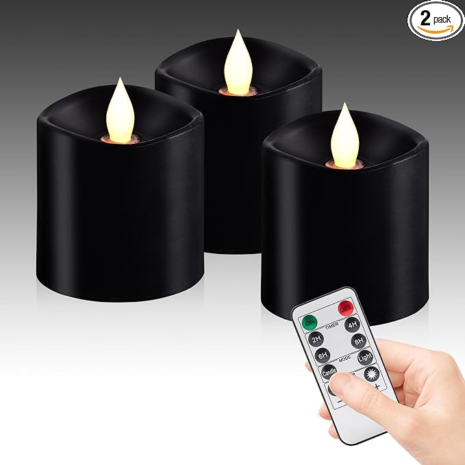 3inch Black Pillar Flameless Candles - 3D Flickering, Remote Timer, Battery Operated, 600+ Hours, Halloween & Gothic Themed Decor (Black, 3"*3"-3pcs)